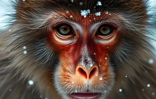 Winter, look, face, snow, close-up, portrait, monkey, Japanese macaques