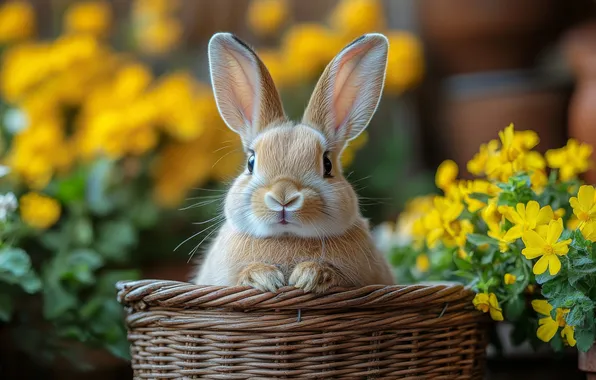 Look, flowers, holiday, legs, spring, yellow, rabbit, red