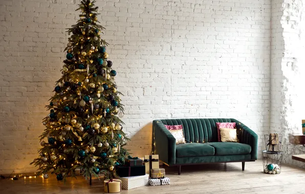 Picture sofa, gift, tree, new year, interior, garland