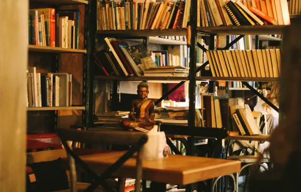 Place, books, coffee, bookshelves, Buddha, St. Petersburg, Magenta
