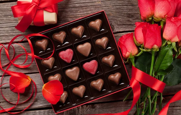Love, flowers, gift, romance, chocolate, roses, petals, love