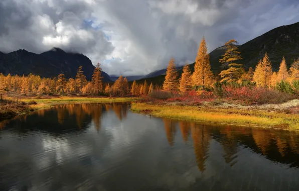 Autumn, clouds, trees, landscape, mountains, nature, lake, reflection