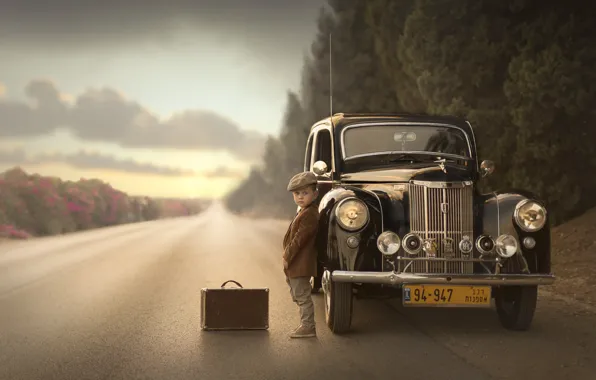Road, machine, boy, suitcase