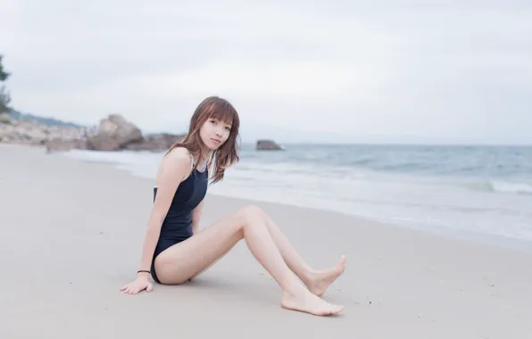 Swimsuit, Rock, Beautiful, Asian, Model, Water, Sand, Woman