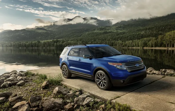 Mountains, lake, stones, Ford, Sport, Explorer, 2015, XLT