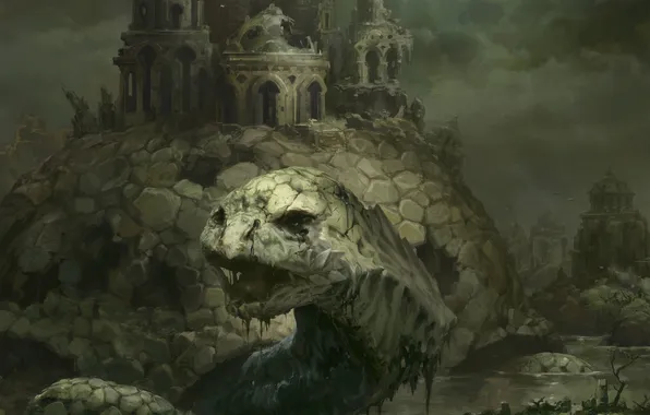 The city, tower, turtle, ruins, giant