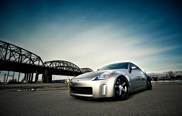 Picture the sky, bridge, silver, Nissan, Nissan, 350Z, the front part, silvery