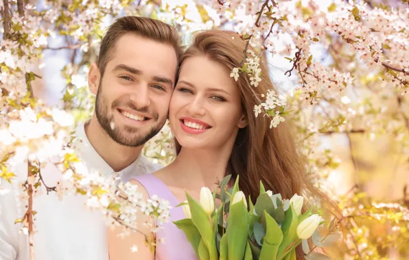 Picture girl, joy, flowers, smile, spring, tulips, male, love
