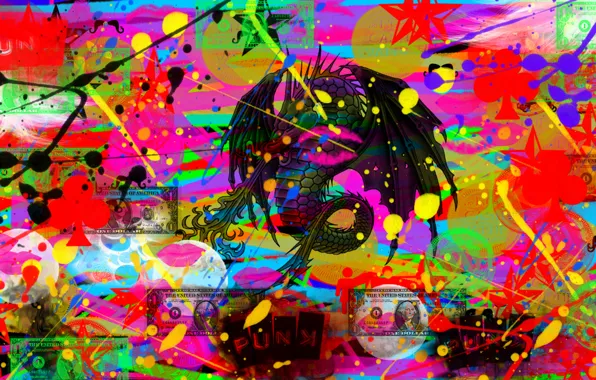 Drops, paint, money, Dragon, brush