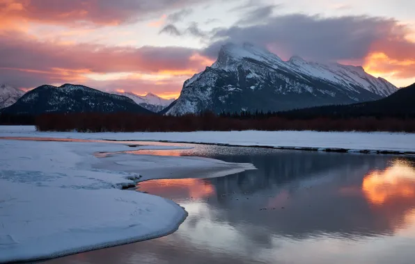 Picture ice, winter, forest, the sky, clouds, snow, line, sunset