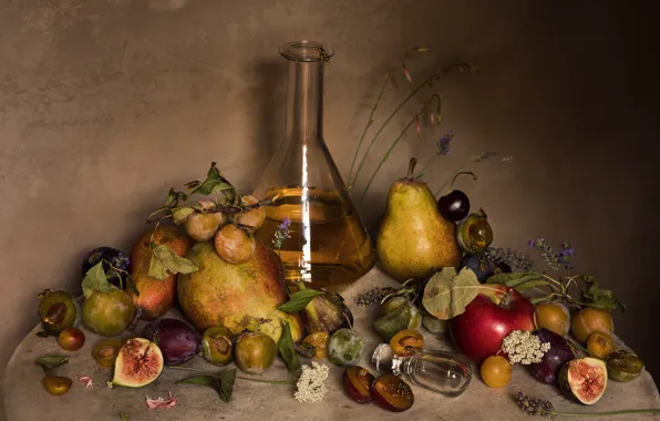 Bee, Apple, pear, plum, cherry, decanter, figs