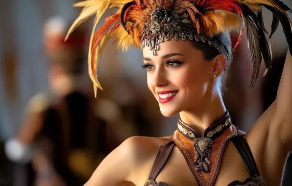 Girl, light, decoration, pose, smile, dance, feathers, hands