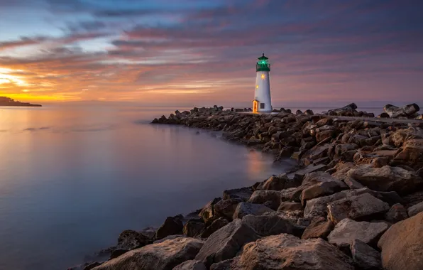 Sea, the sky, clouds, light, sunset, stones, shore, lighthouse