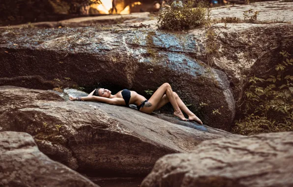 Swimsuit, look, girl, pose, stones, model, makeup, figure