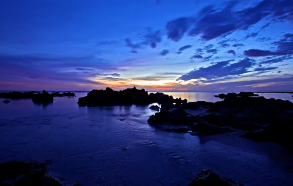 Sunset, lake, stones, twilight