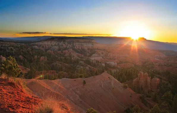 The sky, the sun, rays, sunset, mountains, rocks, dawn, desert