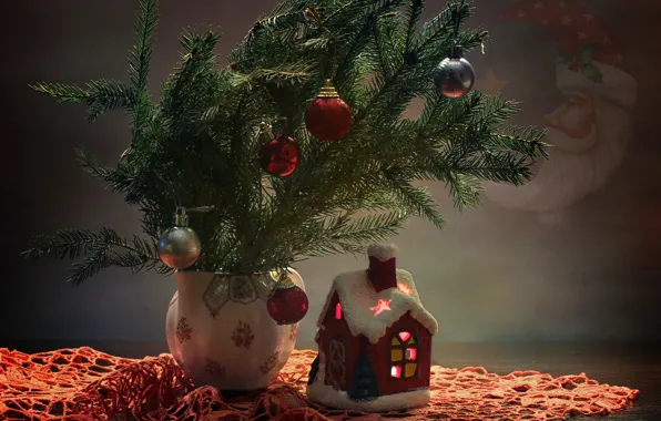 Branches, table, holiday, balls, toys, new year, Christmas, vase