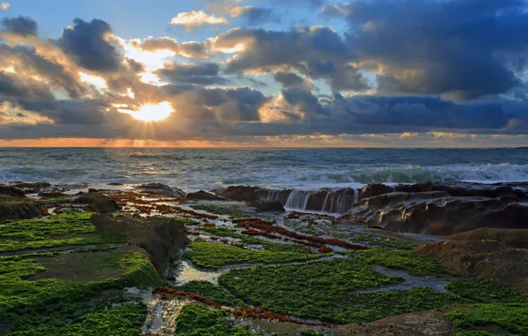 Clouds, sunset, stones, coast, The Pacific ocean