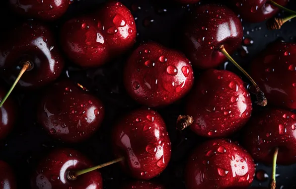 Drops, macro, cherry, berries, the dark background, a lot, cherry, juicy