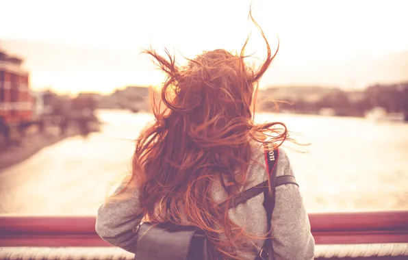 Picture girl, the city, the wind, hair, A windy day in London