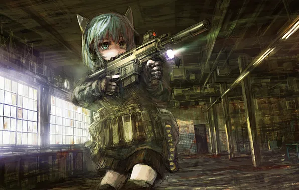 Picture girl, weapons, the building, anime, the door, art, lantern, ears