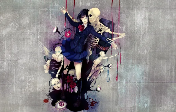 Skull, doll, roses, art, skeleton, school uniform, art, another