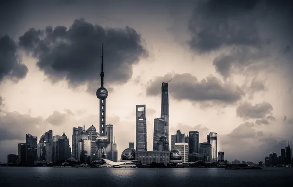 Clouds, river, horizon, China, Shanghai, Oriental Pearl Tower, Shanghai Tower, Shanghai World Financial Center