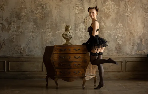 Girl, pose, stockings, legs, chest, Dasha, the skirt, Damp Zergut