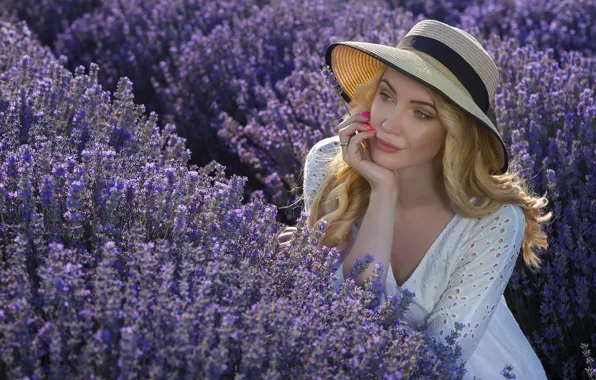 Picture look, girl, nature, hat, blonde, lavender, manicure, Ivan Georgiev