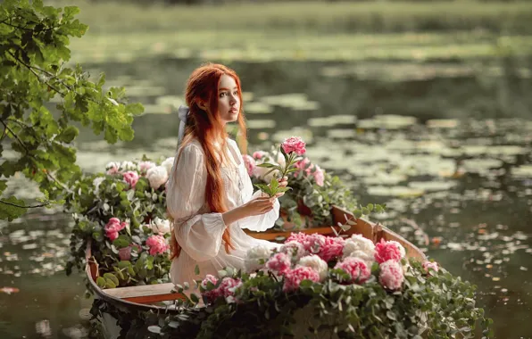 FLOWERS, POND, BOAT, SUNDRESS, REDHEAD