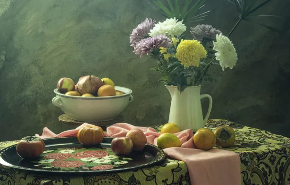 Flowers, table, apples, bouquet, pitcher, fruit, still life, tray