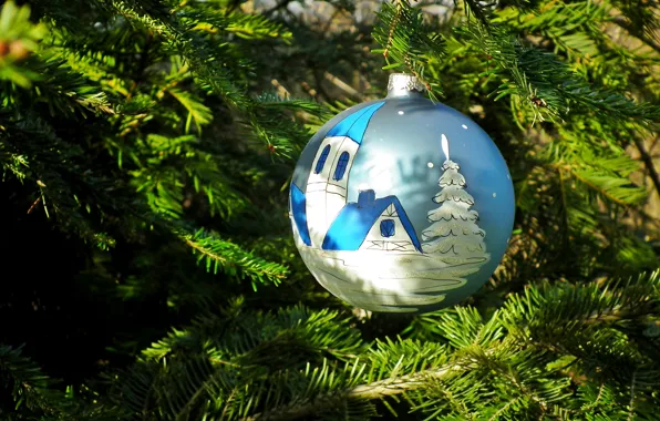 Winter, balls, light, branches, holiday, blue, figure, tree