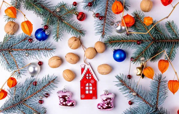 Balls, branches, Christmas, white background, New year, beads, house, boots
