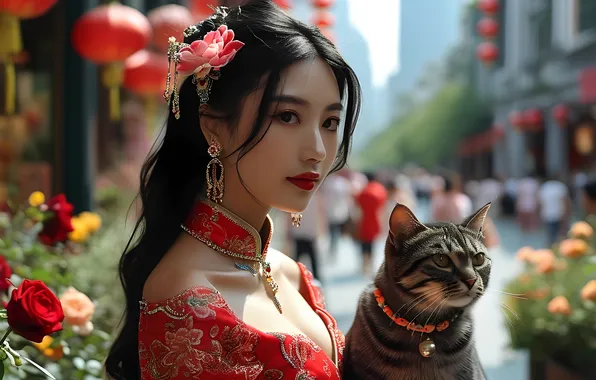 Cat, girl, roses, necklace, Chinese, Asian, dress red