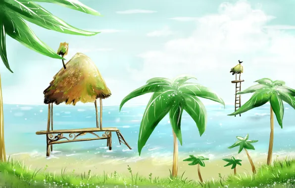 Sea, beach, palm trees, bird, figure, hut, houses