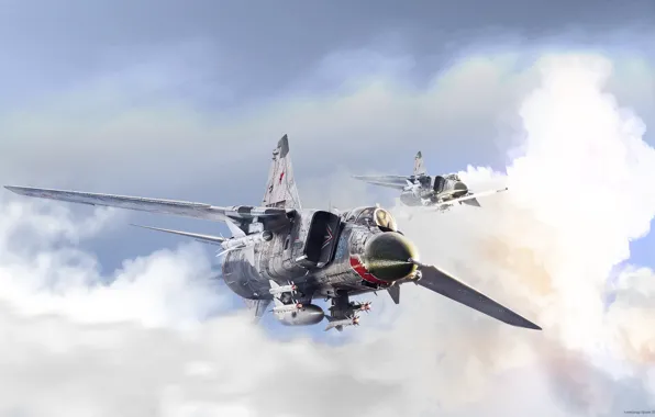 Clouds, fighter, flight, by ABiator, Soviet MiG-23, Alexander Yartsev, Silver arrows, Soviet MiG's-23