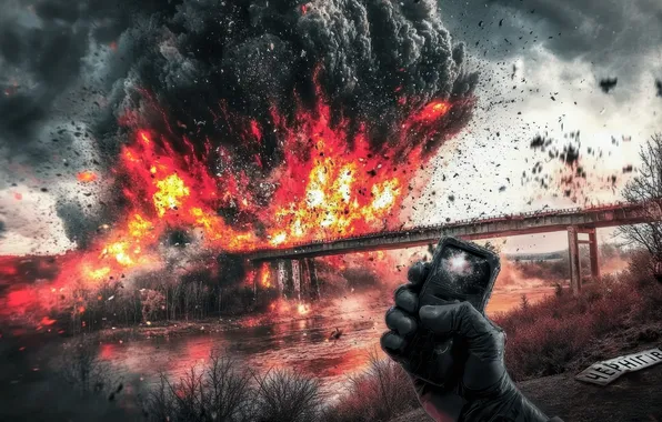 Bridge, War, The explosion, Soldiers, Russia, Art, Ukraine, Intelligence