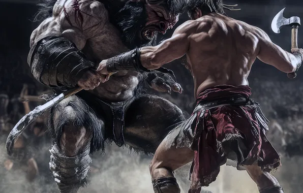 Warrior, The battle, Axe, Monster, Battle, Two, Horns, Creek