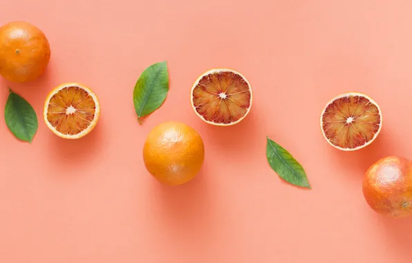 Leaves, background, oranges, pink background, grapefruit, composition, red orange, cut in half