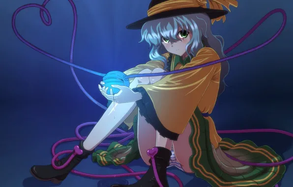 Lights, hat, rope, shoes, girl, sitting, blue hair, art