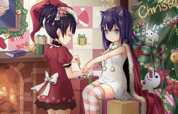 Girls, toys, new year, art, tree, nails, lacquer, hpflower