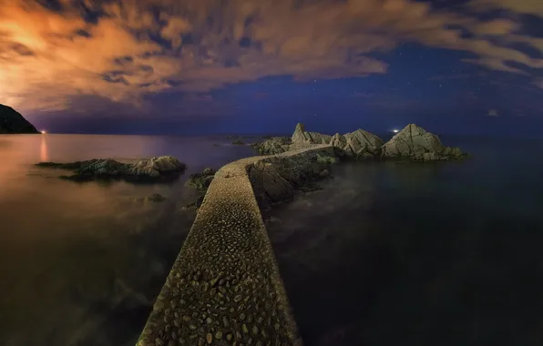 Sea, landscape, night, rocks, the breakwater