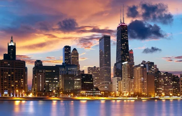 Picture city, river, home, the evening, Chicago, Chicago, promenade, skyscrapers
