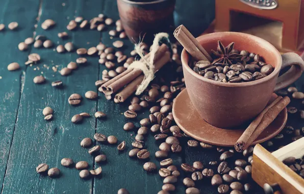 Board, coffee, Cup, cinnamon, saucer, spices, star anise, Srna