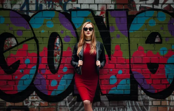 Girl, wall, graffiti, dress, blonde, glasses