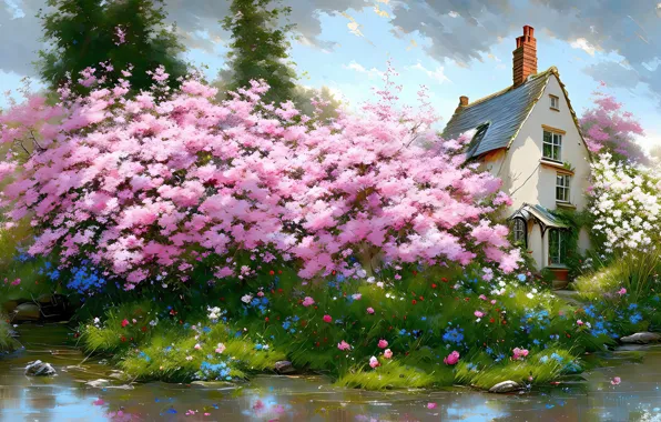 Grass, water, clouds, light, landscape, flowers, nature, comfort