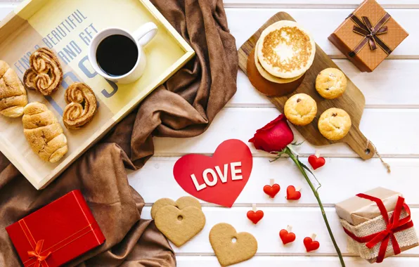 Rose, coffee, Breakfast, cookies, gifts, red, love, rose
