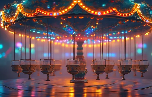 Light, night, lights, fog, attraction, haze, seat, carousel