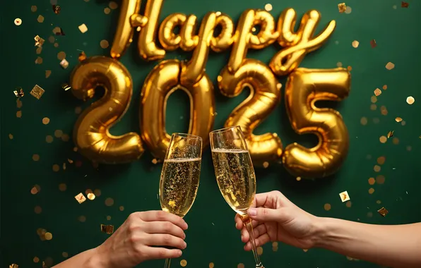 Happiness, wine, the inscription, hands, sequins, glasses, figures, New year