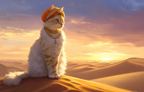 Cat, look, desert, necklace, headdress, cat red, The sheikh the cat